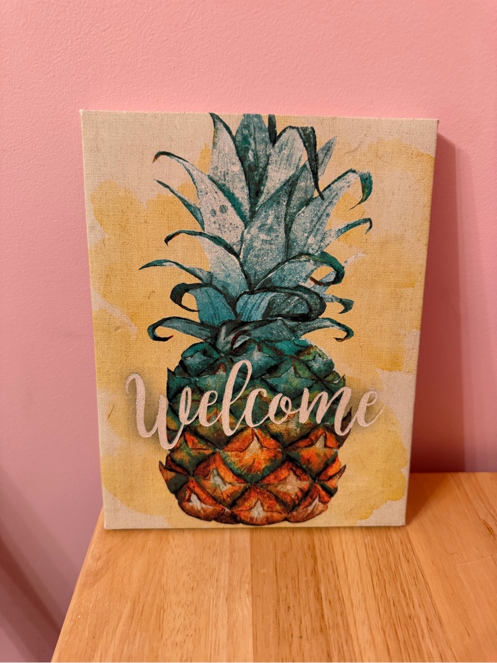 Welcome Pineapple Canvas Wall Art in Teal and Orange-Brown